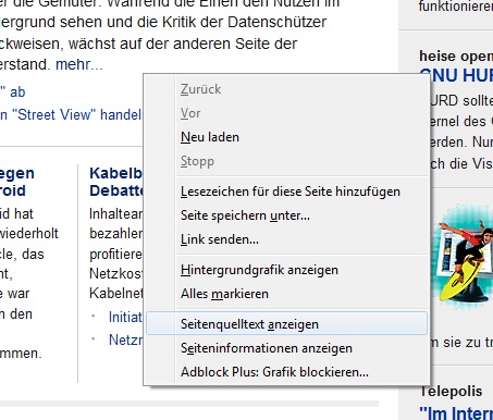 Quelltext anzeigen als Funktion des Browsers